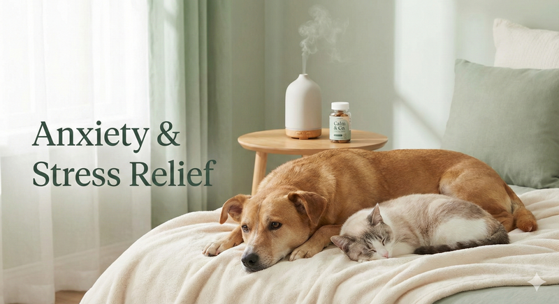 Pet Anxiety Wellness Products including calming chews, spray, and a puppy on a cozy bed.